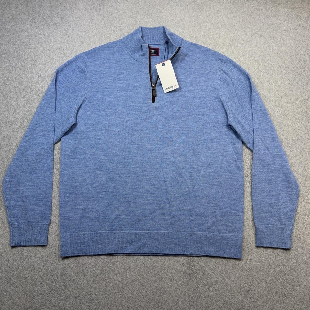 UNTUCKit Sweater Mens Large Blue Merino Wool 1/4 Zip Mock Neck Suede Pullover